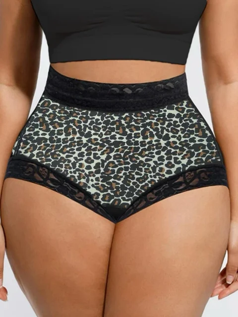 84893-9cb007.jpg Culotte gainante confortable pour femme à imprimé léopard, effet rehausseur de fesses, avec dentelle et contrôle du ventre