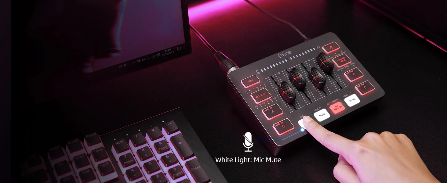 FIFINE AmpliGame SC3 Gaming Audio Mixer Streaming 4-Channel RGB Mixer with XLR Microphone Interface description image 7
