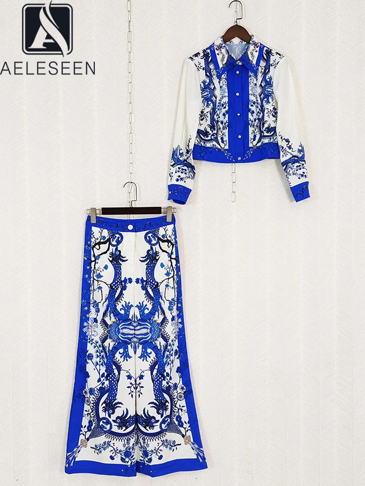 

AELESEEN Runway Fashion 2 Pieces Set Women Spring Summer Beading Blue Porcelian Flower Print Shirt + Flare Pants Elegant Set