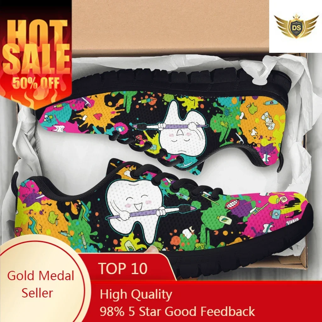 Dental Footwear Tie Dye Painted Mesh Shoes Cartoon Teeth Print Walking Sneakers Women's Outdoor Tennis Footwear