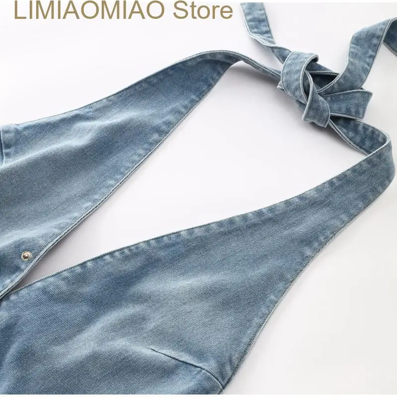 New Women's Denim Jumpsuit Sleeveless Summer Halter Backless Long Jumpsuits Female Sexy V-neck Blue Straight Overalls