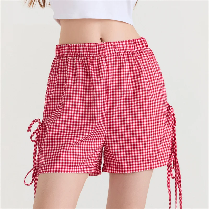 

Женские боксеры в клетку, шорты с бантом, шорты с разрезом сбоку, клетчатые Пижамные шорты, милые шорты Y2k для отдыха