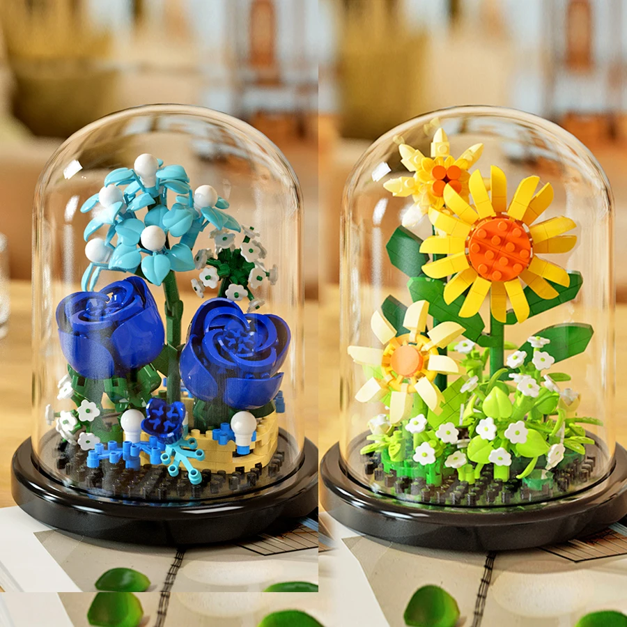 Assembling building blocks planting pots with dust cover plants roses sunflowers tulips model toys Christmas gifts