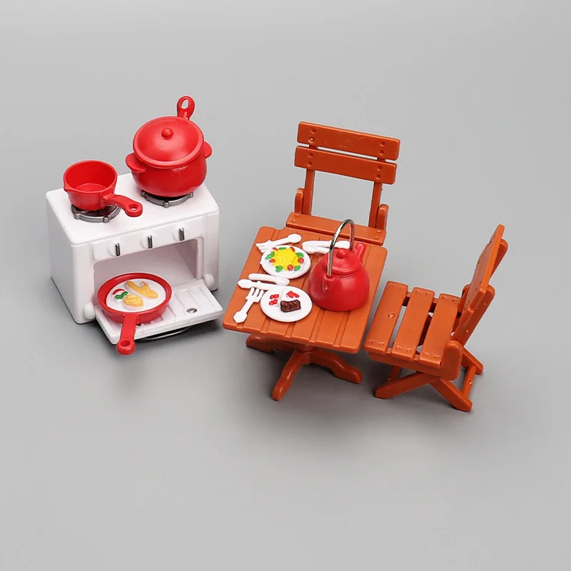1:12 Miniature Kitchen Set Dollhouse Furniture With Table Chair Stove Realistic Food Play Accessories