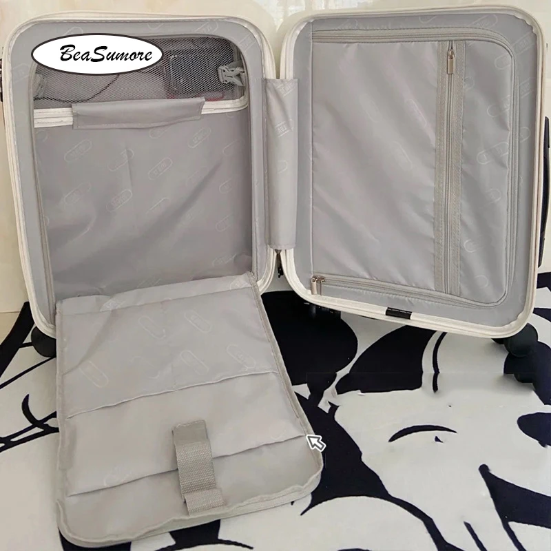 BeaSumore Front opening USB Rolling Luggage Spinner 20 inch Suitcase Wheel Cabin Trolley Women's Handbag Travel Bag Travel Bag Pull Bar Suitcase