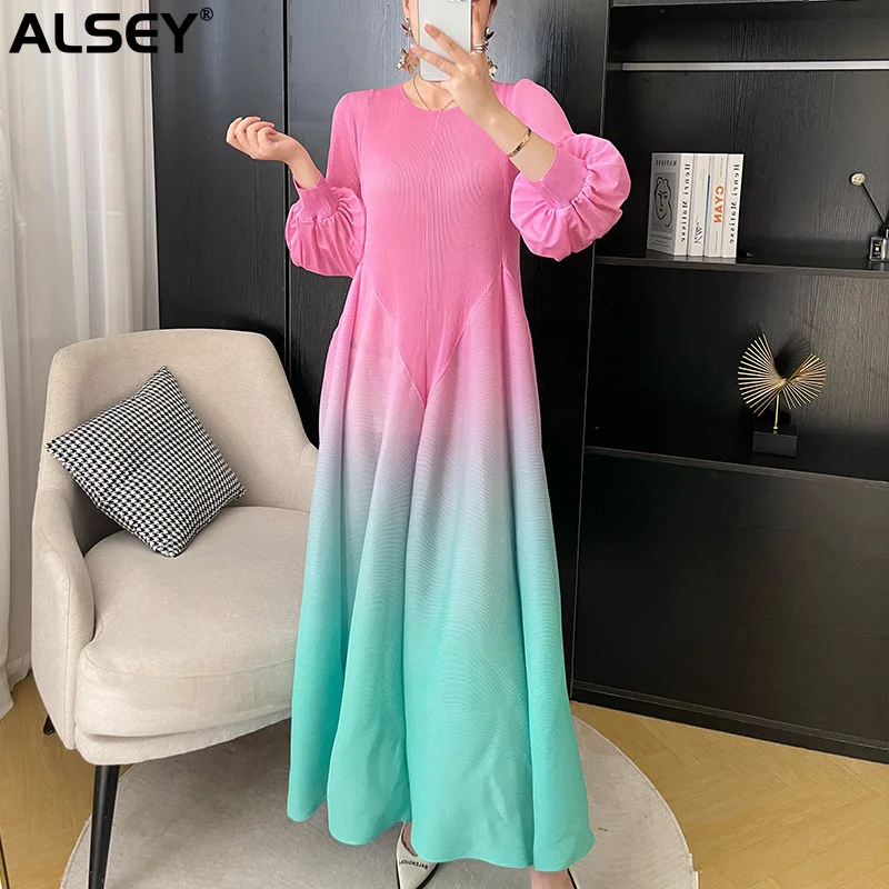 

ALSEY Miyake Pleated Loose Cake Plus Size Skirt Fall New Gradient Color Printing Dress Commuter Waist Temperament Swing Dress