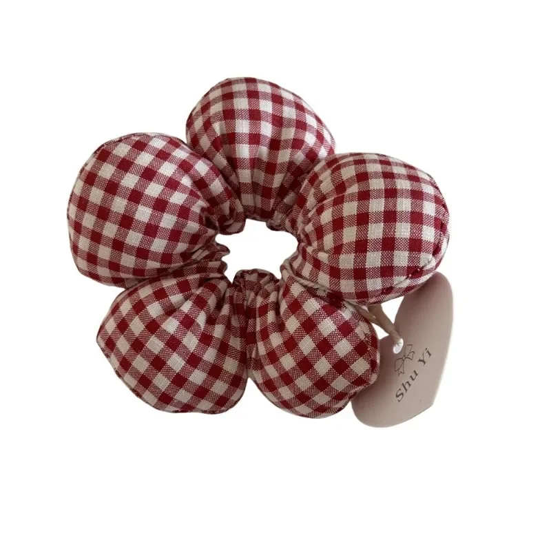 Red Cotton Cute Floral Hair Band with Bow and Plaid Design