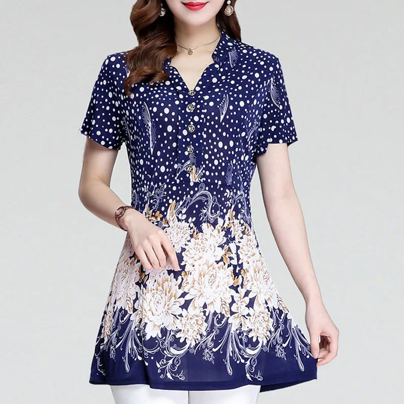 

2023 Summer Fashion Trend Print V-neck Button Panel Loose Casual and Simple Middle-aged and Elderly Women's Mid Length T-shirt