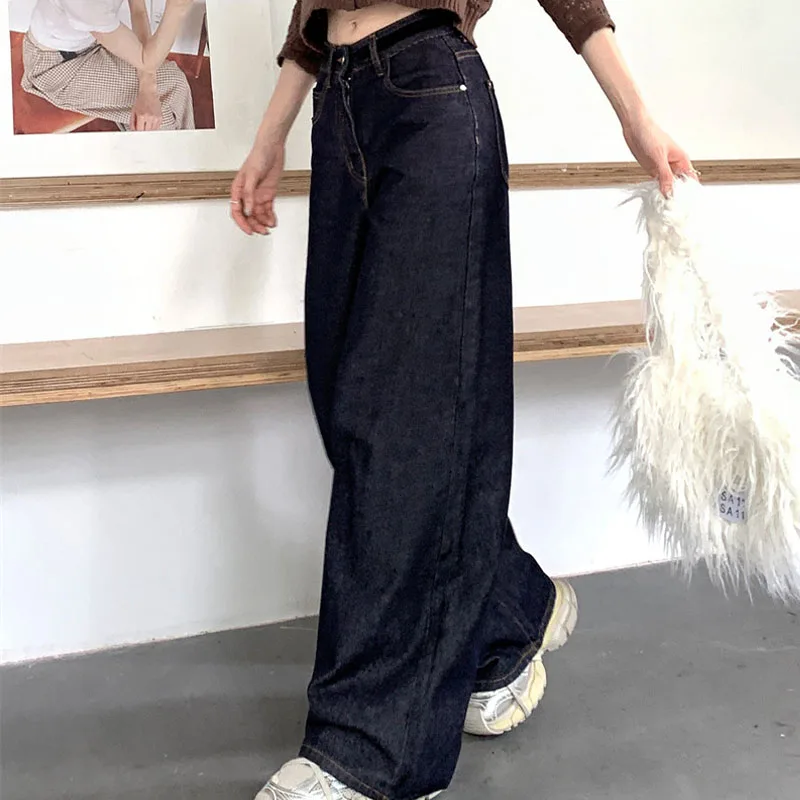 2026 femmes Y2K Dongdaemun marine jambe large Denim pantalon coupe ample drapé pantalon décontracté printemps glisser longueur jean