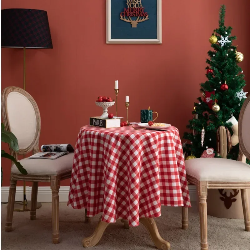 

America Christmas Cotton Linen Plaid Round Tablecloth Coffee Table Cover Tea Table Round Tablecloth Picnic Mat Decorate