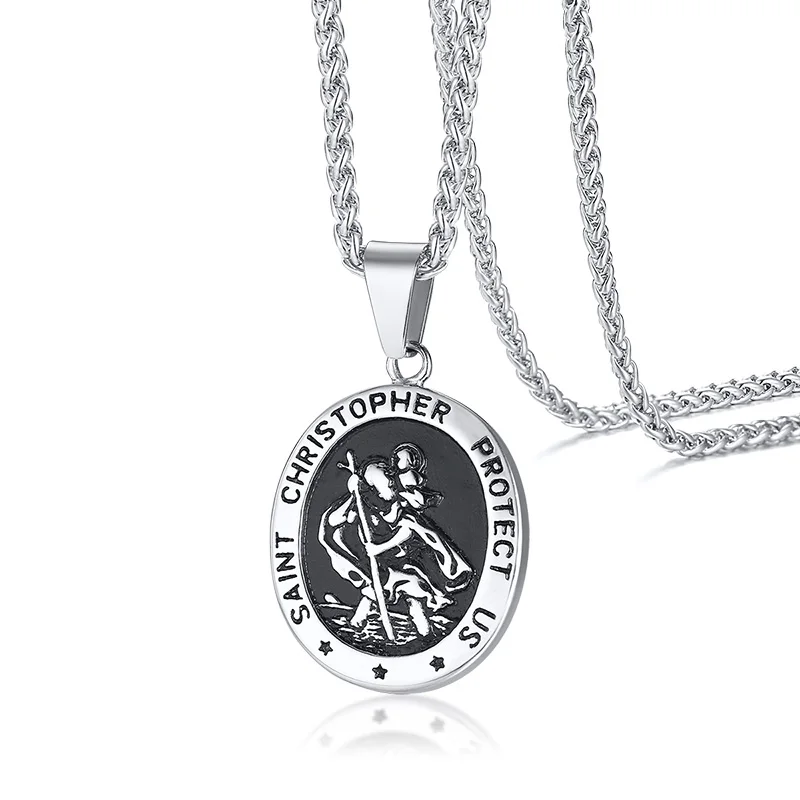Mens Saint Christopher Necklace St Protect Us Medal Religious Medallion