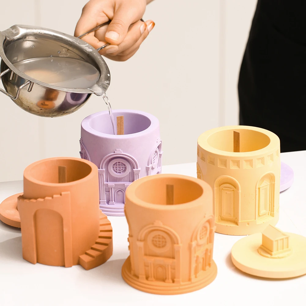 Architectural Candle Jar Silicone Mold With Lids Concrete Pantheon