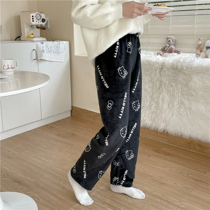 Kawaii Hello Kitty Pajamas Black Anime Flannel Women Warm Woolen Whitecartoon Casual Home Pants Autumn Fashion Trousers Gifts 2