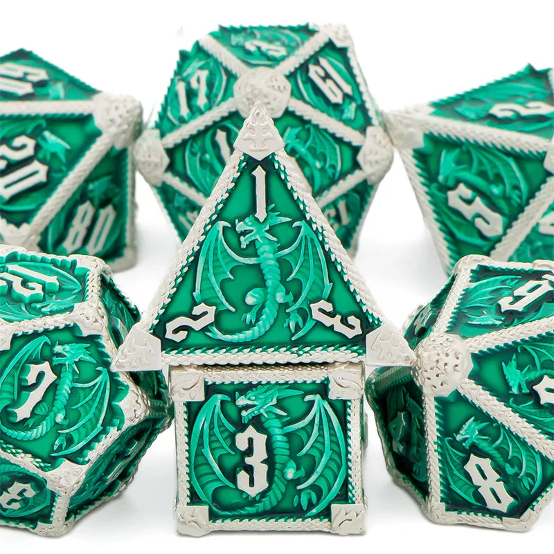 

OUKELANWO 7 Pcs Metal DND Handmade Dice Set Dungeon And Dragon Polyhedral Dice Set Green RPG Role Playing Dice