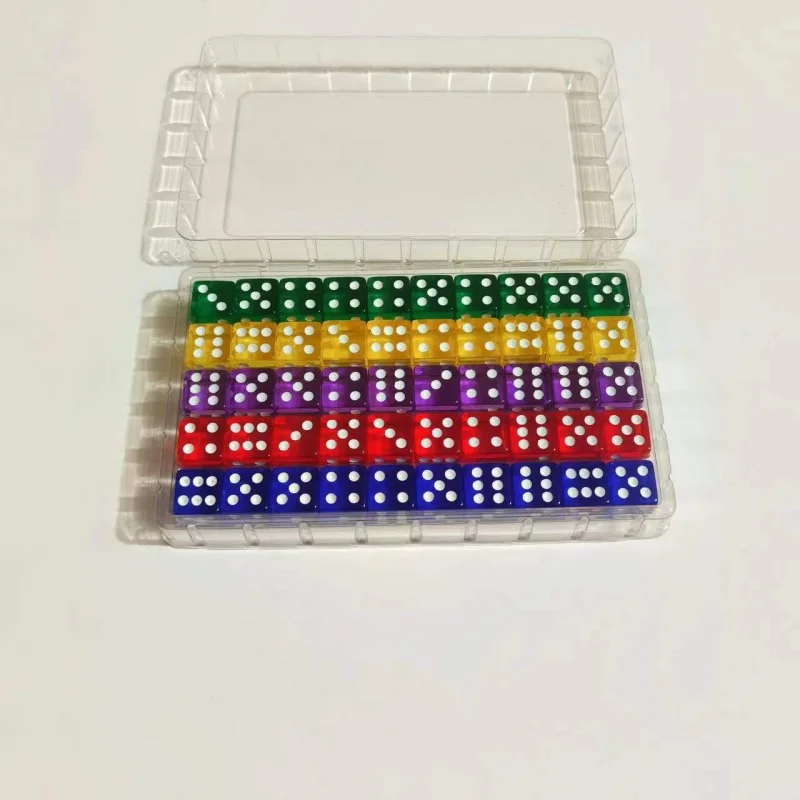 50PCS Dice with box 5colors 16mm square corner transparent color dice right angle acrylic point transparent dice for Board game
