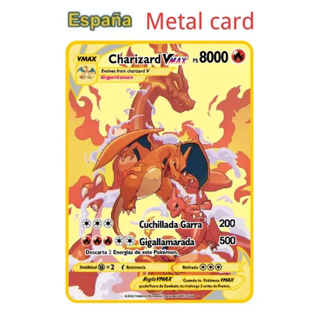 10000ps arceus vmax pokemon cartões de metal espanhol pikachu charizard  vstar dourado limitado crianças presente jogo coleção cartões