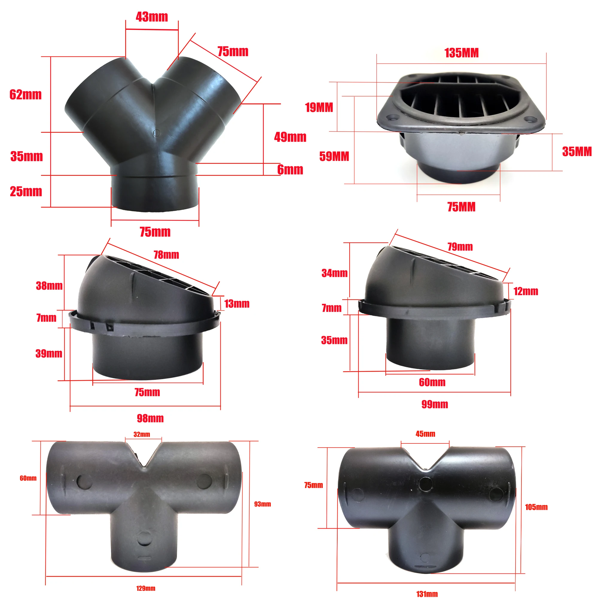 Car Air Heater Ducting Pipe Outlet Parking T Y Branch For Eberspacher For Propex Diesel Heater 60mm 75mm Pipe Combustion diesel heater exhaust pipe,air diesel heater duct pipe