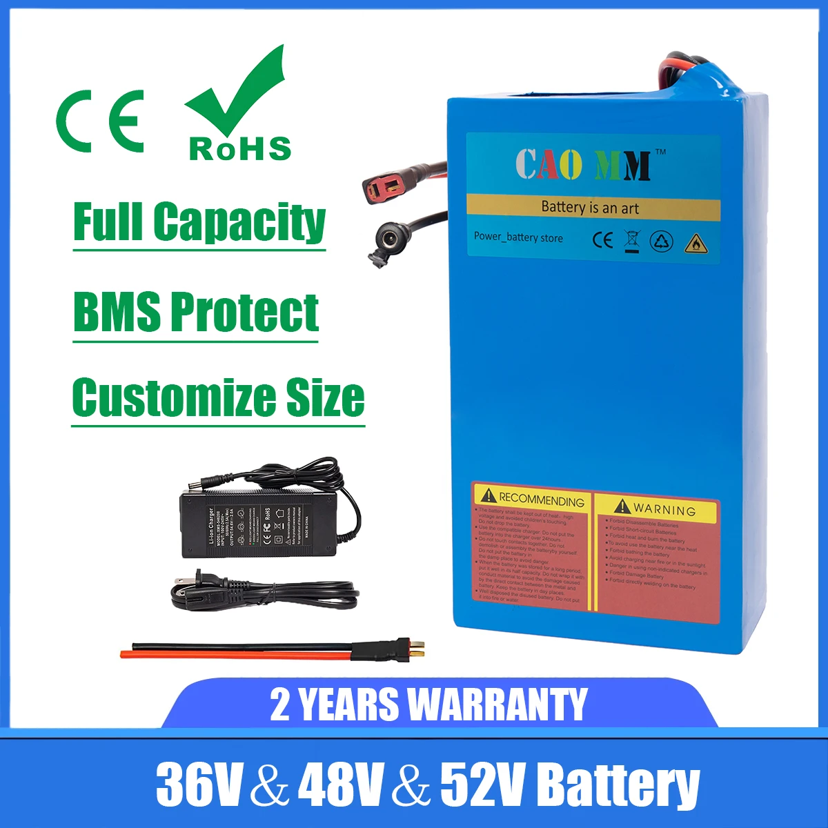 CaoMM Electric Bike Battery Pack with Charger, 36V 48V 52V Lithium