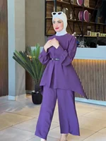 Ensemble Deux Pièces pour Femme Musulmane, Haut avec Ceinture, Pantalon à Jambes Larges, Trempé, Ramadan, Maroc, Dubaï, Islam, Décontracté, Tenue Arabe 4