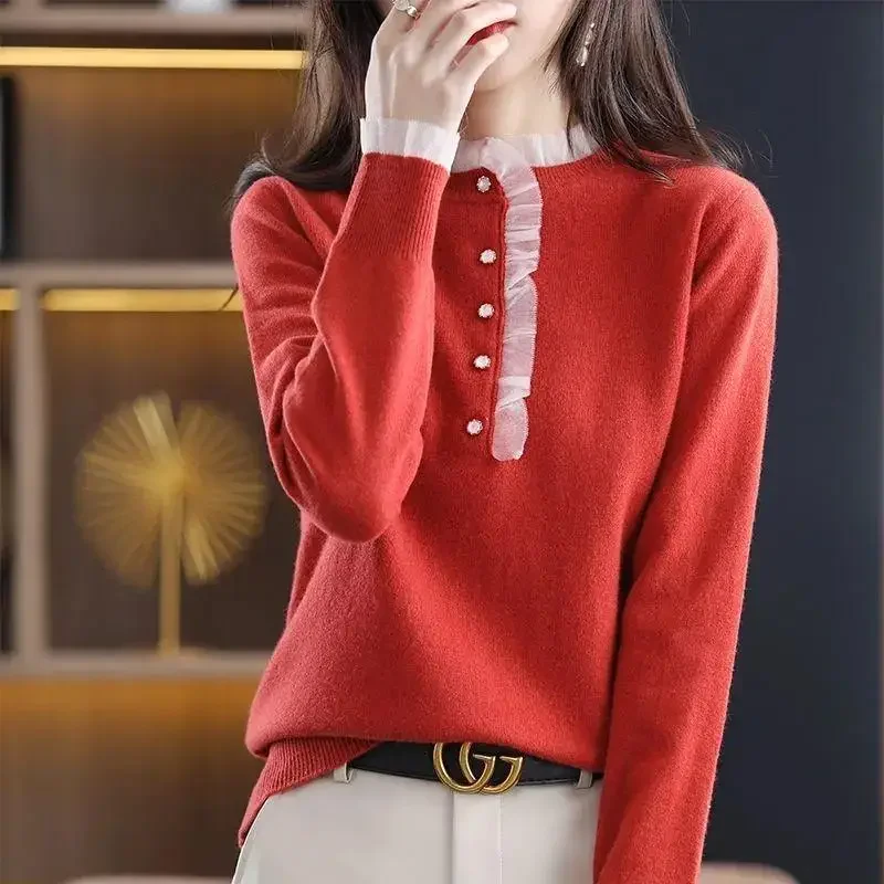 

Pullovers Round O Neck Purple Knitted Top for Women Red Ladies Sweaters Long Sleeve Autumn Winter 2023 Jumper Y2k Vintage New In