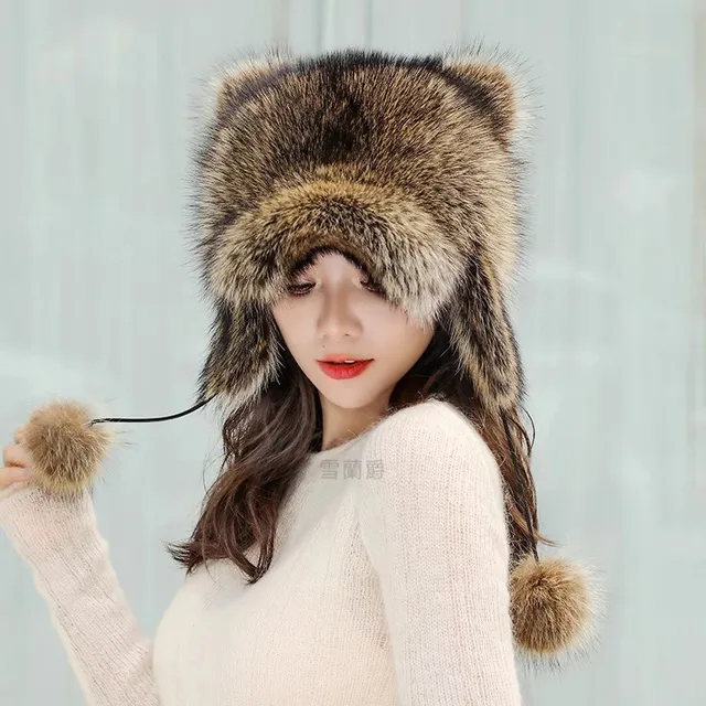 ICYMI New Fluffy Natural Raccoon Fur Bomber Hat Cat Ears Balls Trapper Hat Winter Warm Women Girls Outdoor Snow Earflap Hats 2