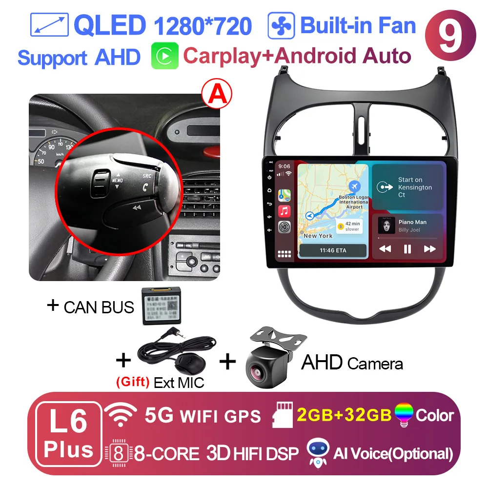thumbnail image 1 of LEHX L6 Pro 8 núcleos 4G + 5G 2 Din Android Auto Radio multimedia para automóvil para Peugeot 206 206CC 206SW 2001-2008 2 Din Estéreo Carplay GPS, 1 of 5