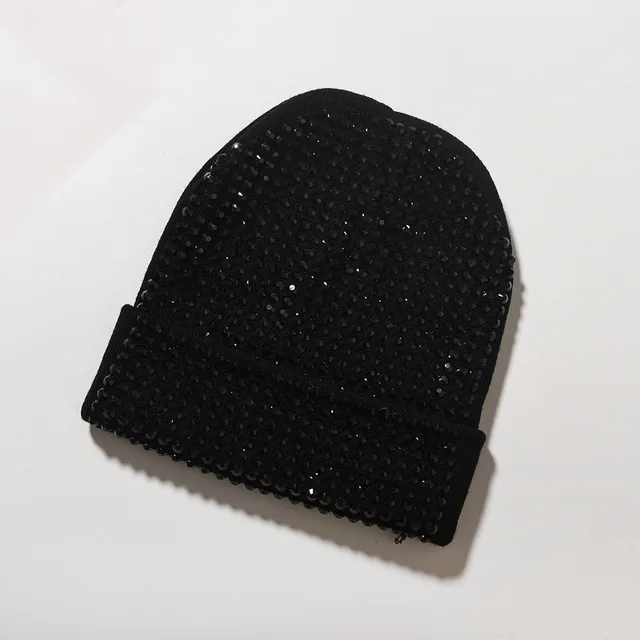 Women Solid Beanie with Stones Allover Ladies Girls Soft Warm Winter Hat Female Black Hats with Clear Black Crystals 2