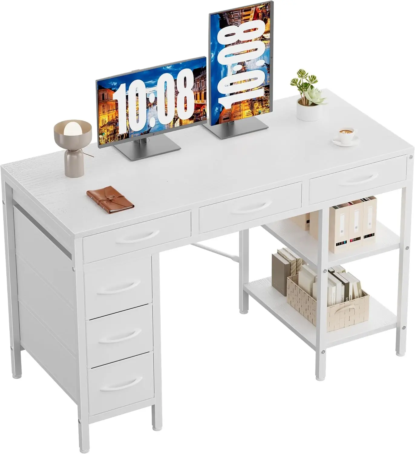 47-Inch Computer Desk with 6 Drawers and Storage Shelves, Home Office Gaming Study Table for Bedroom Living Room