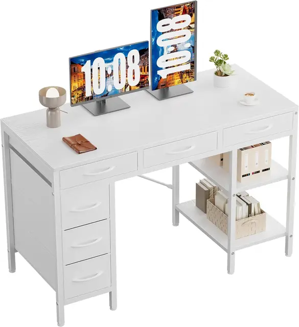 47-Inch Computer Desk with 6 Drawers and Storage Shelves, Home Office Gaming Study Table for Bedroom Living Room