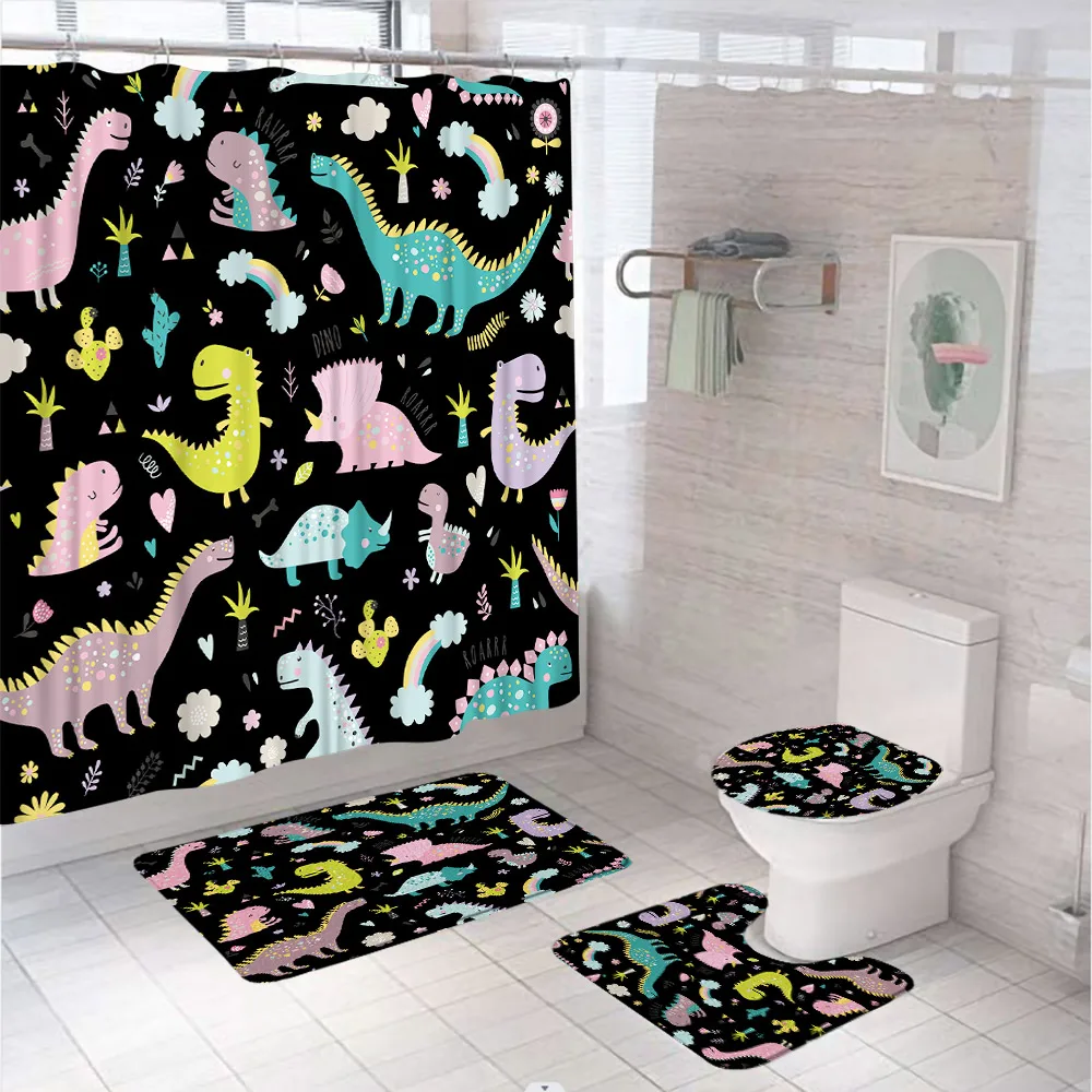 

Cartoon Dinosaur Shower Curtain Set Boys Girls Bathroom Decor Bath Mat Toilet Lid Cover Rug Colorful Animal Rainbow Plant Screen