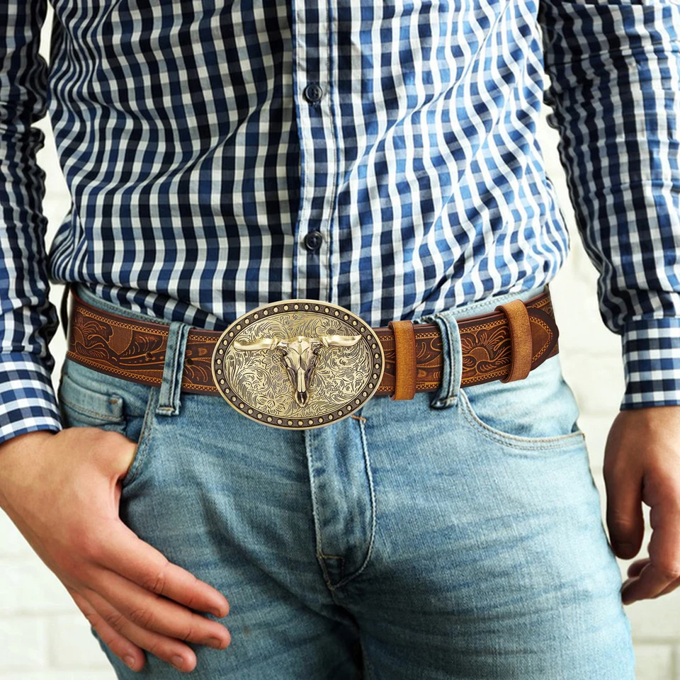 thumbnail image 2 of JASGOOD Western Leather Belt With Longhorn Buckle - 1.5" Embossed Cowboy Belt For Men & Women 2 of 14