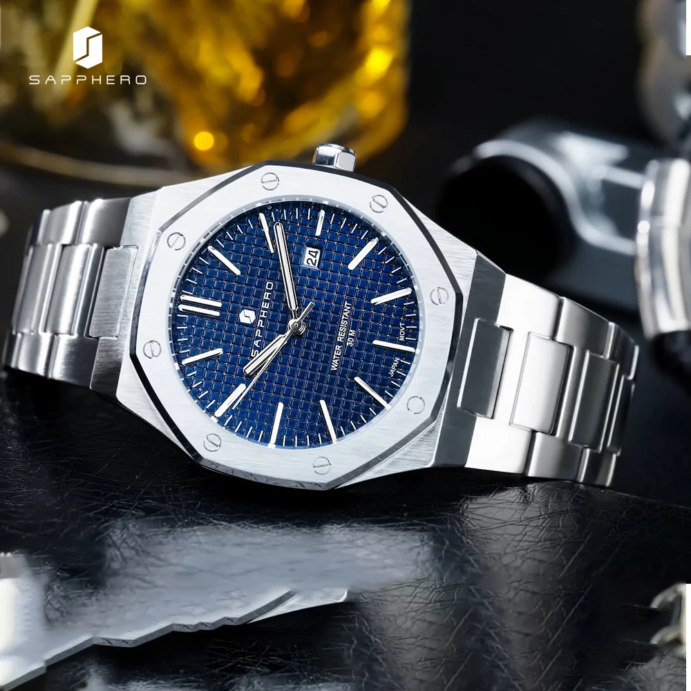 SAPPHERO Octagon Luxury Mens Watch High Quality Business Watch for Men Luminous Date 30M Waterproof Wristwatch Quartz Watches Me