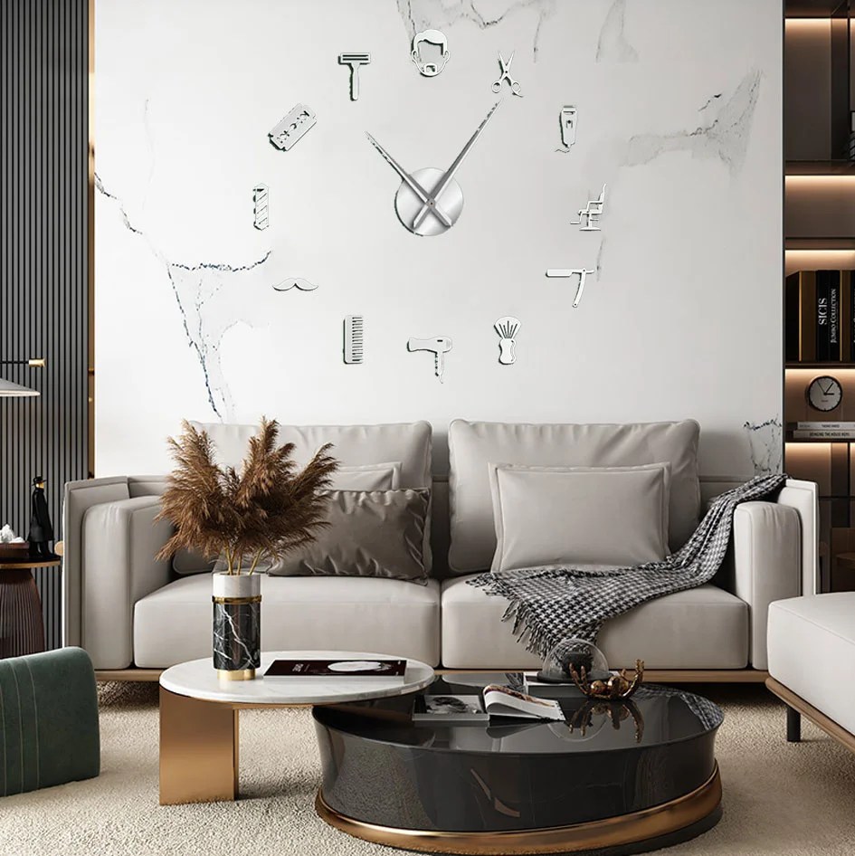 Barber Shop Giant DIY Wall Clock Modern Design Barbershop Decoration 3D DIY Wall Mirror sticker Hair Stylist Hairdresser Gift