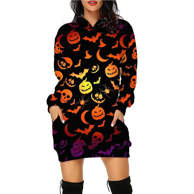 Halloween Printed Extended Loose Hoodie Sexy Slim Fit Sports Trend Autumn/Winter Sweater Cute Hooded Dress