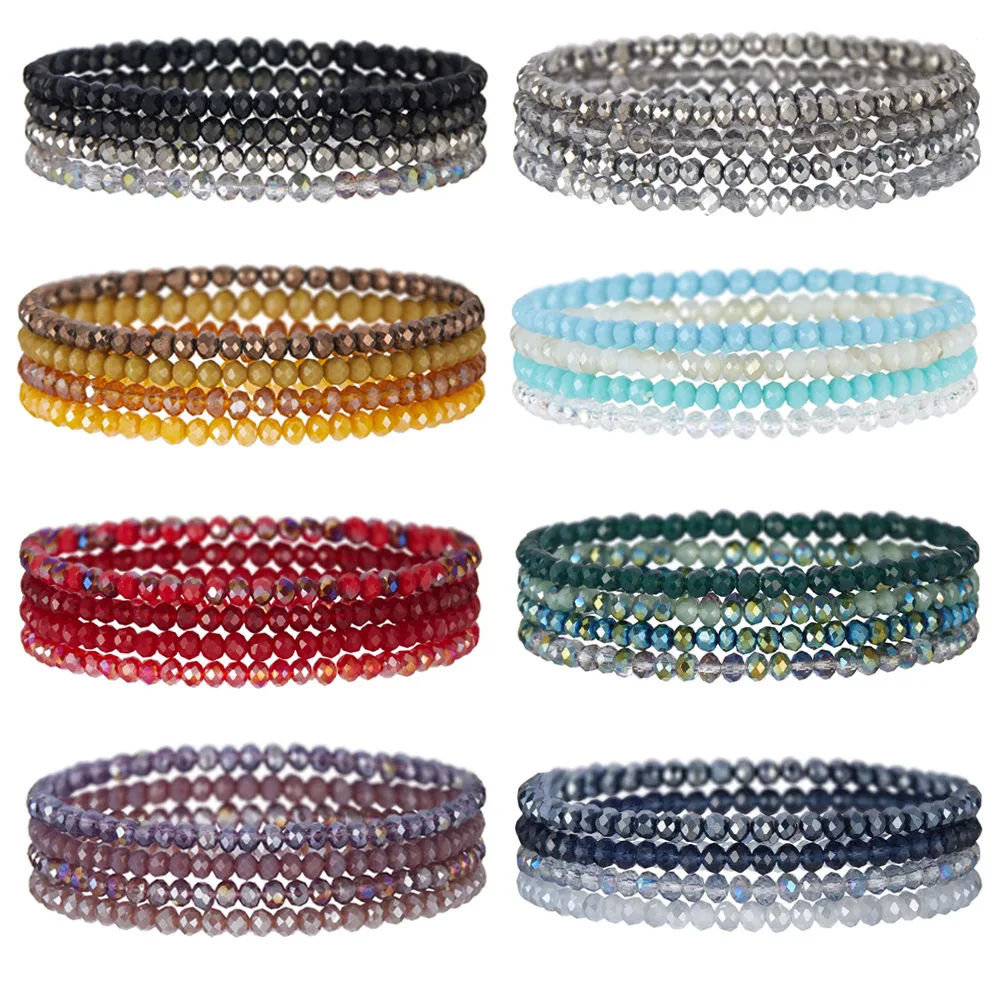 Bohemian Crystal Beaded Multi-Color Stretch Bracelet Set for Women – Handmade Jewelry - 4 Piece Collection