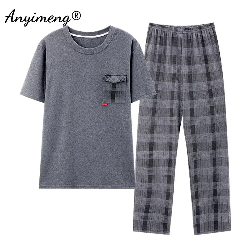 Pajama Sets Men Summer Knitted Cotton Pajamas Set Short Sleeve Plaid Pants Sleepwear Plus Size 4XL