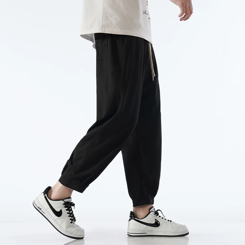Summer New Trendy Solid Color High Waisted Elastic Drawstring Men's Ice Silk Quick Drying Casual Sports Leggings Cropped Pants