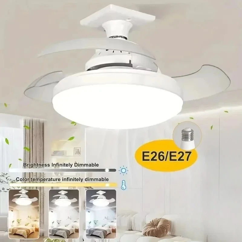 JOYINLED E27 Socket Ceiling Fan Light Remote Control Retractable Blades Fans with LED Light Dimmable Timing Bedroom Living Room