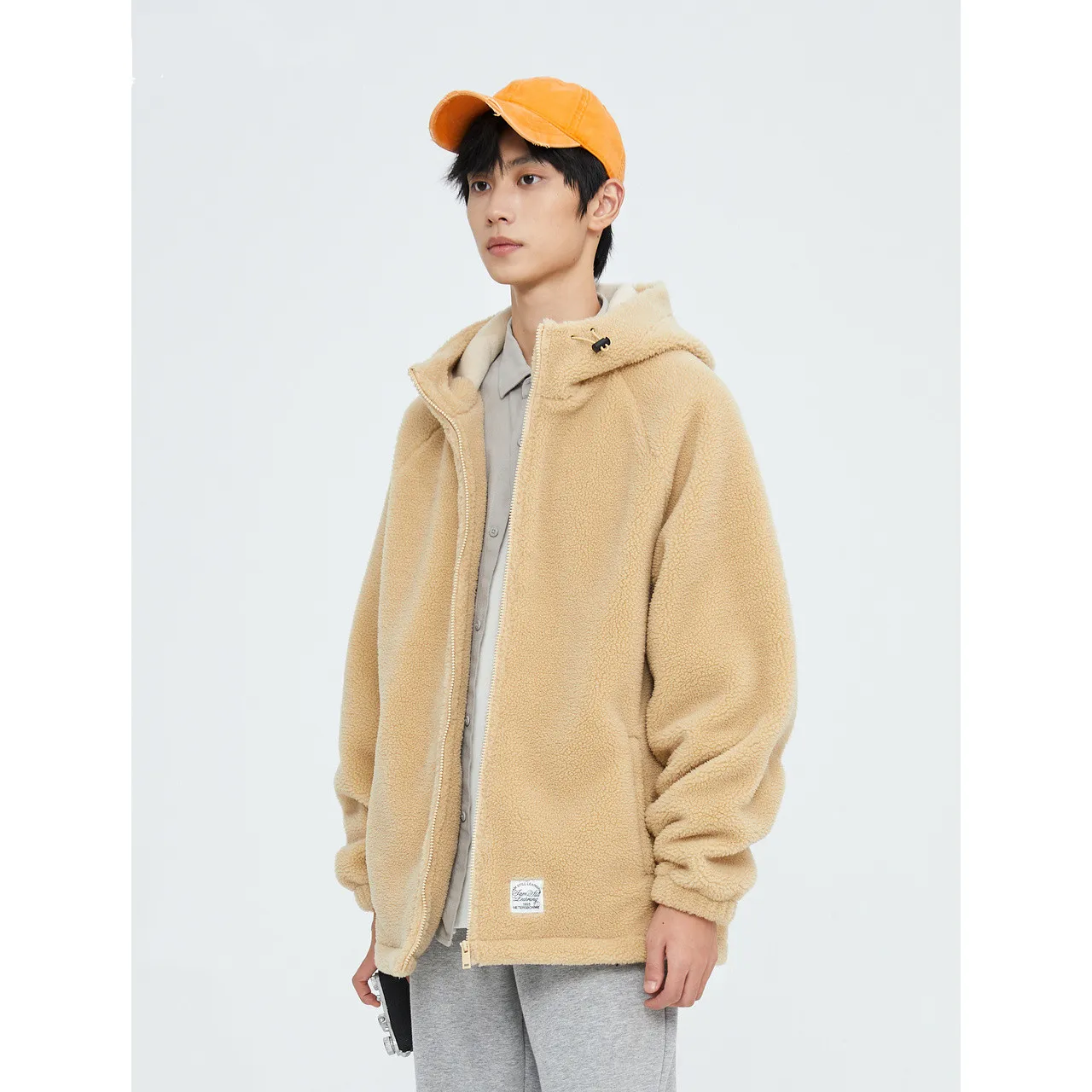 Metersbonwe Hooded Loose Lamb Wool Coat For Men Solid Color Back Printed Autumn Winter Warm Outwear