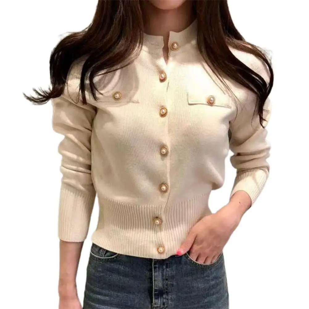

Fashion Women Cardigan Sweater Spring Knitted Long Sleeve Short Coat Stand Collar Faux Pearl Buttons Solid Color Coat Outerwear