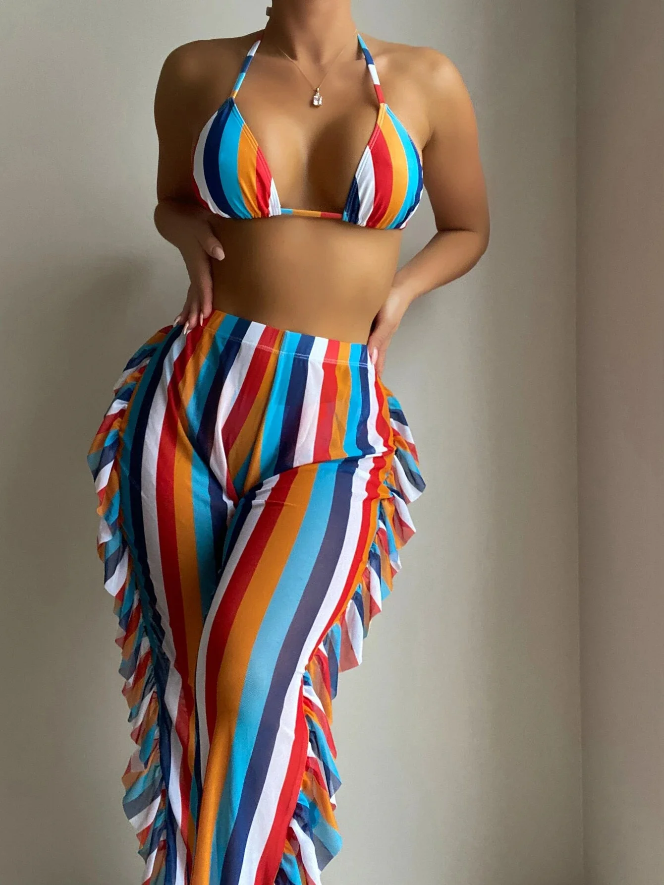 

3pack Striped Triangle Bikini Swimsuit & Ruffle Cover Up Pants Women Swimwear Three Pieces Bikini Set Summer Beach Bathing Suit