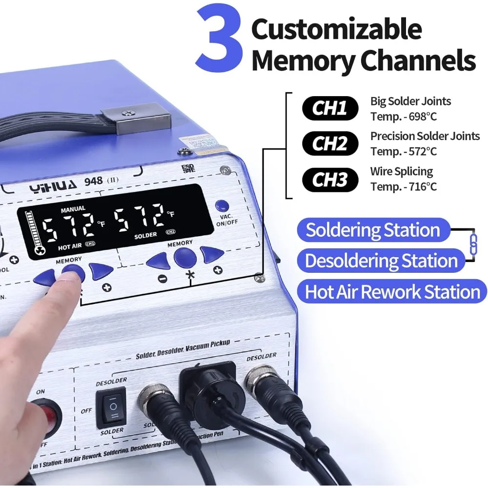 948-II 4 in 1 Hot Air Rework Soldering Iron and Desoldering Suction Tin Gun Station with Suction Pick Up Pen °F /°C 3