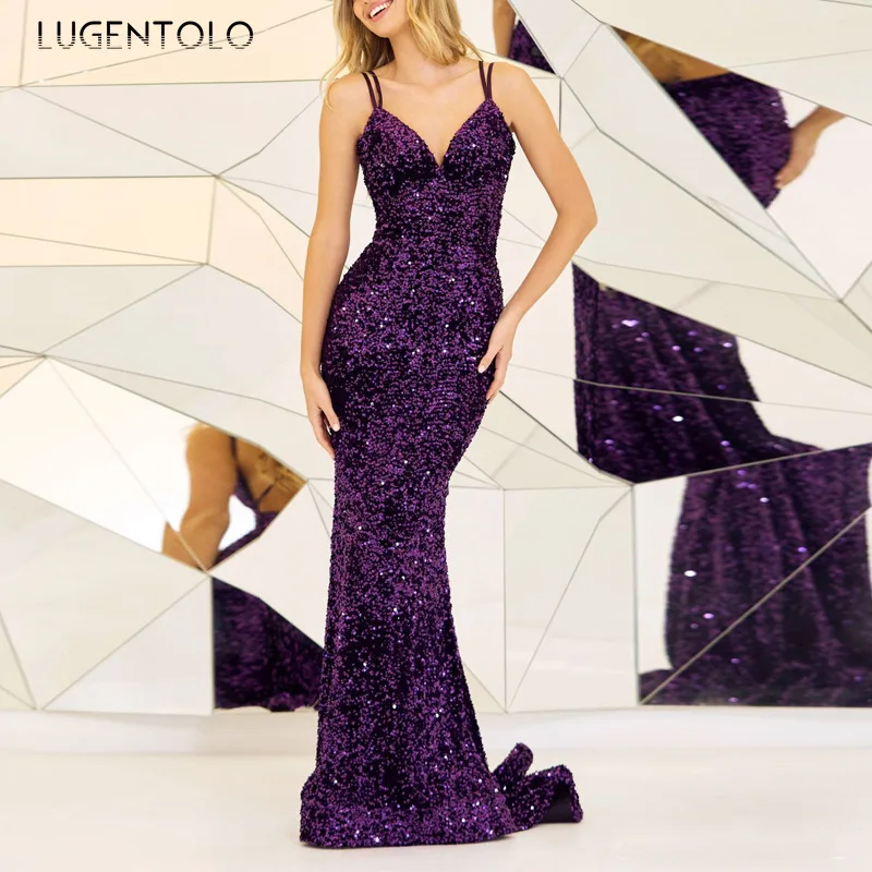 

Lugentolo Women Sexy Sequins Dress Party Spaghetti Strap Backless Spring Summer Lady Empire Trumpet Elegant Dinner Maxi Dresses