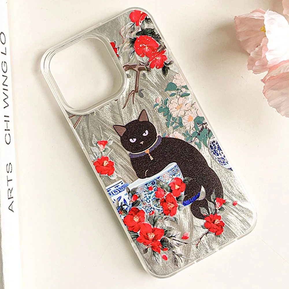 Elegant Black Cat Flower Design Silicone Phone Case - Luxury Protective Back Cover