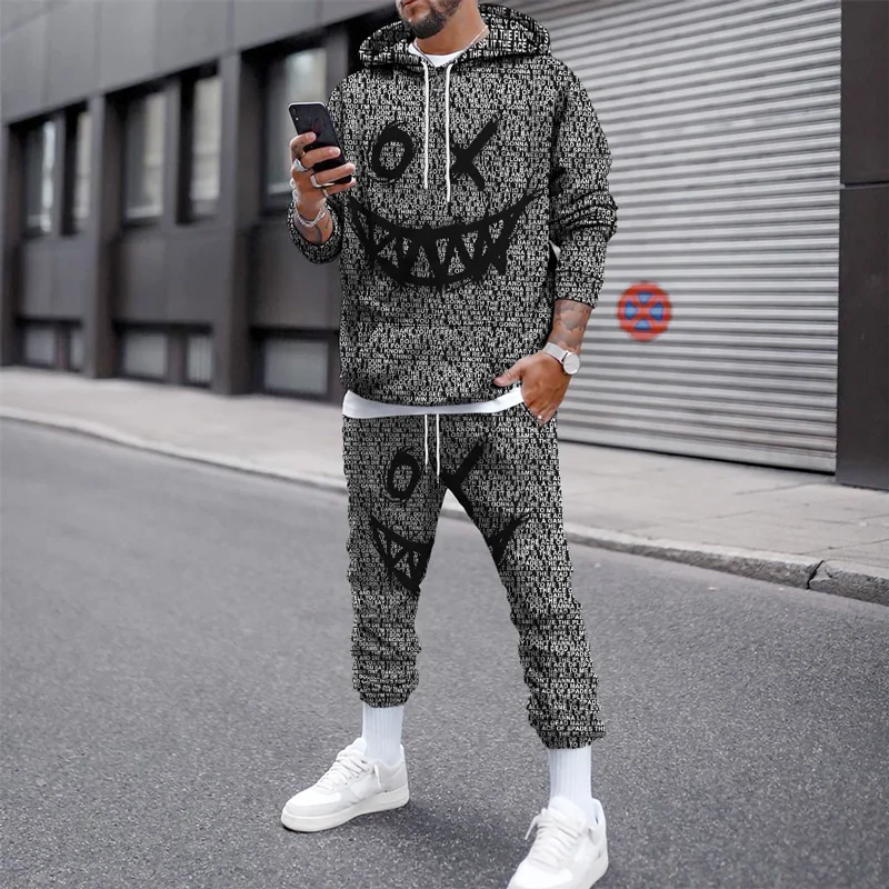 Hip Hop Style Hooded Suit Smiling Face 3D Print Hoodie Suit Autumn Fashion Men's Hoodie 2 Piece Set Street Tracksuit Hoodie Set