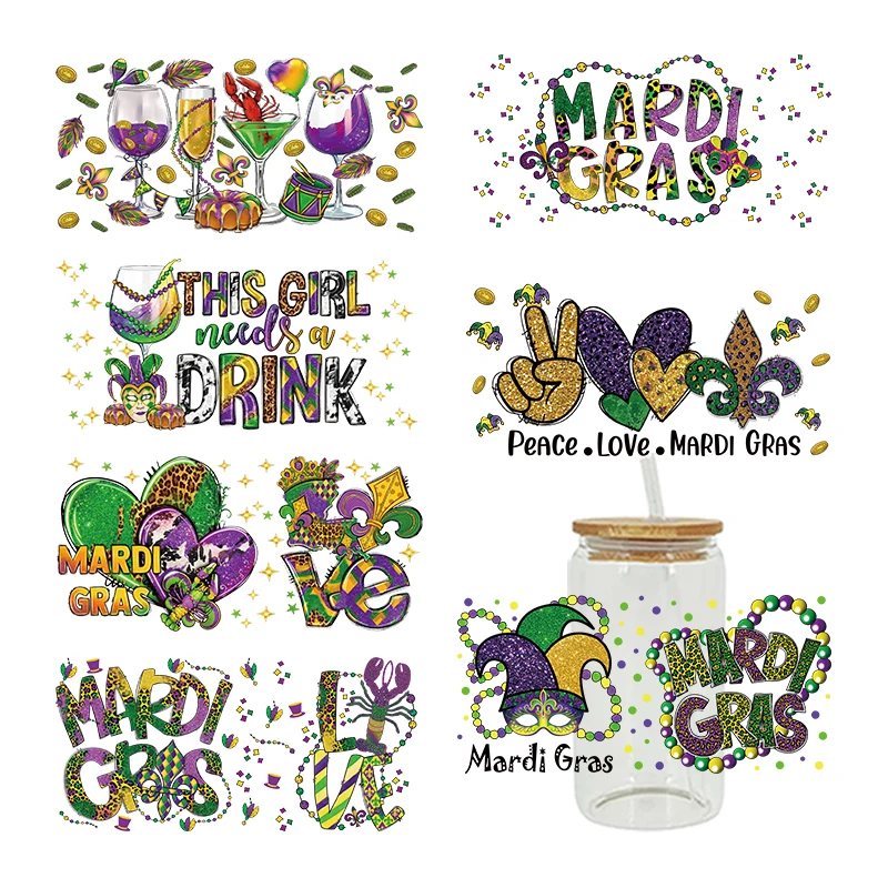 UV DTF Transfer Sticker Mardi Gras For The 16oz Libbey Glasses Wraps Bottles Cup Can DIY Waterproof Decals D9530