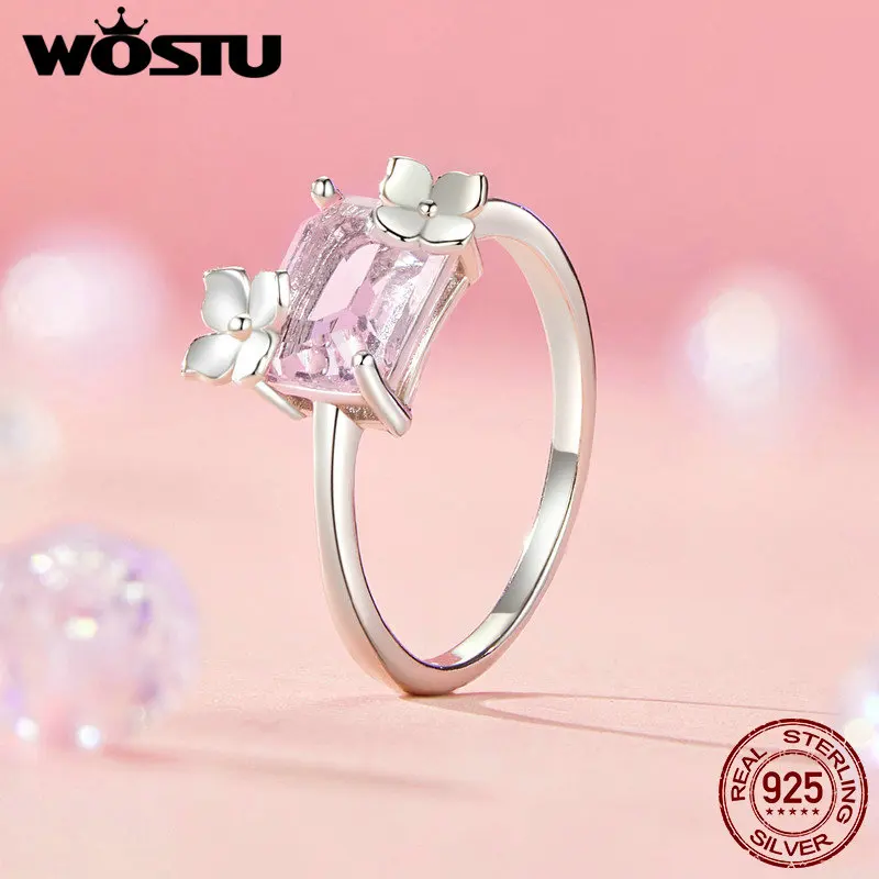 WOSTUOriginal925SterlingSilverFlowerStatementRingFingerRingWithPinkGlassForWomen