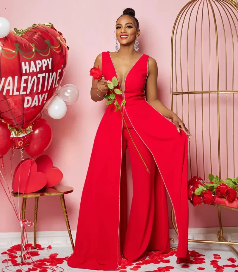 

WUHE Formal Occasion Evening Women Jumpsuit Elegant Party Night Wedding Wide Leg Pants Sleeveless V-neck Birthday Outfits