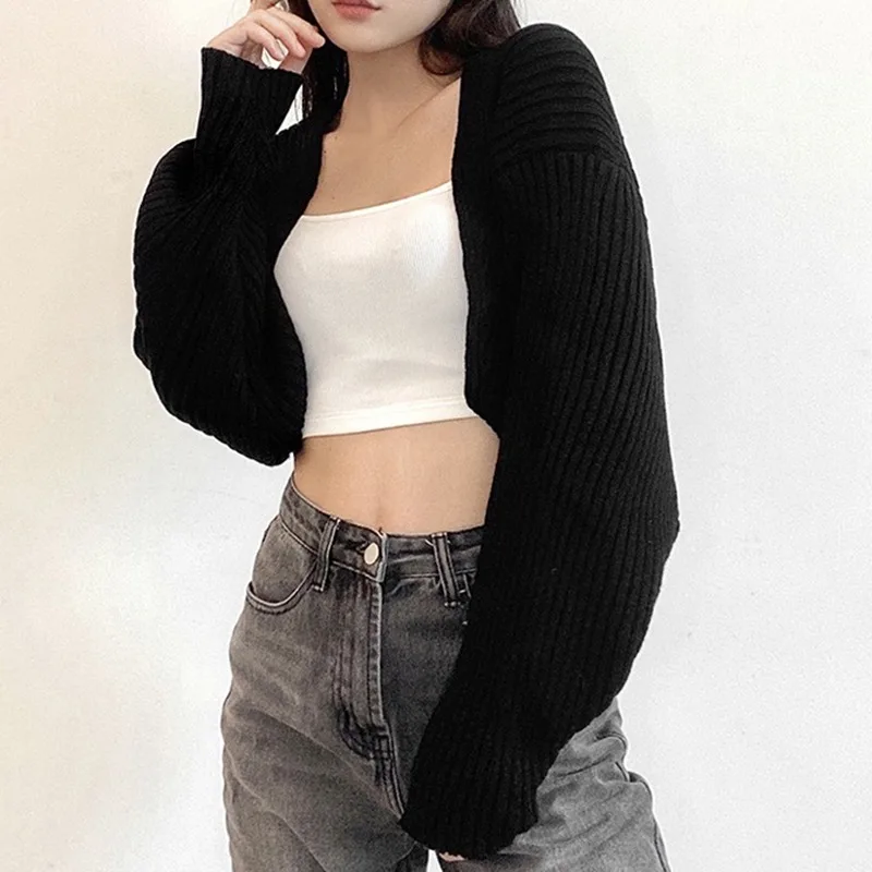 Women Short Cardigans Autumn Ultra-short Sweater Coat Long Sleeve Loose Knitted Crop Top Solid Color Sexy Cardigan Sweaters Top 4
