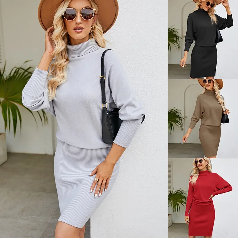 

Women's Turtleneck Winter Rib Knit Pullover Sweater 2023 Fashion Fall Dresses Trendy Long Sleeve Bodycon Dress OL